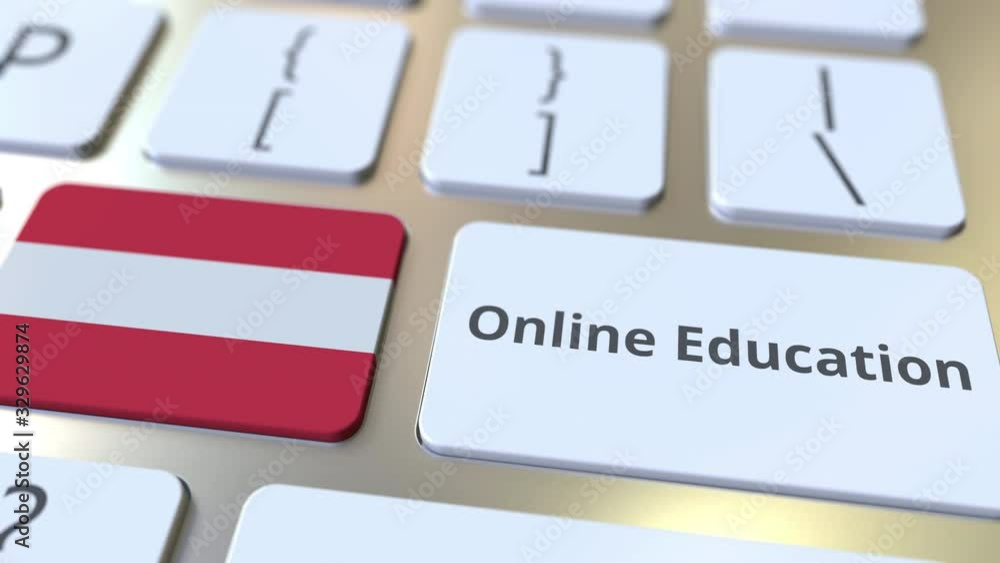 Aufkleber online education text and flag of austria on the buttons on the computer keyboard. modern profession
