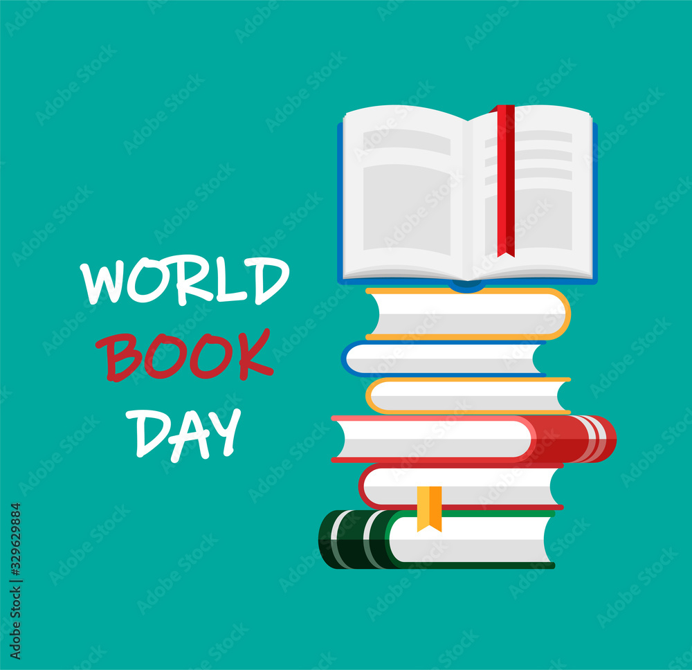 Poster world book day. set of book icons in flat style isolated on blue background. vector heap of books wi