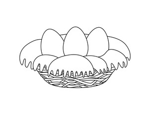 Three egg nest - vector linear image for coloring. Bird's nest of attic and hay with large eggs - a picture on the spring theme. Outline. Hand drawing