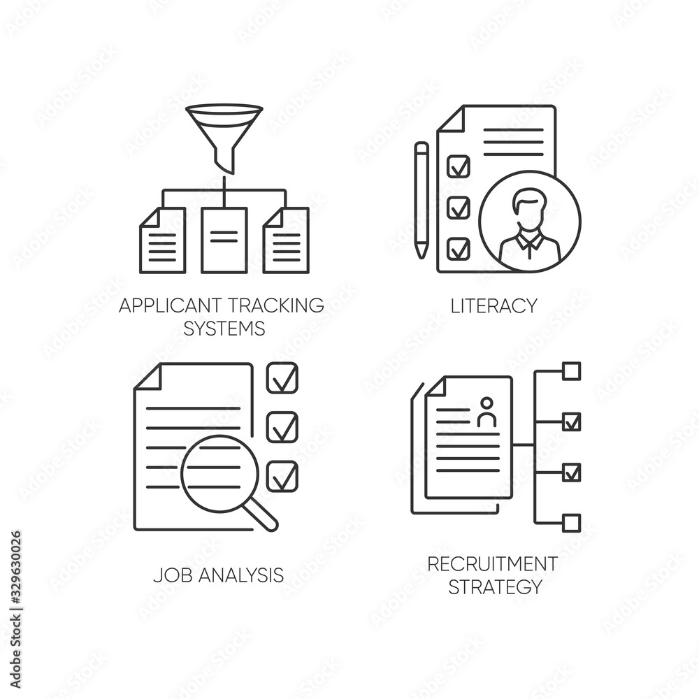 Poster professional employment pixel perfect linear icons set. applicant tracking system and job analysis c