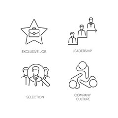 Business employment pixel perfect linear icons set. Exclusive job, leadership, selection, company culture customizable thin line contour symbols. Isolated vector outline illustrations. Editable stroke