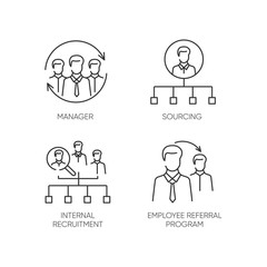 Executive search pixel perfect linear icons set. Internal recruitment and employee referral program customizable thin line contour symbols. Isolated vector outline illustrations. Editable stroke