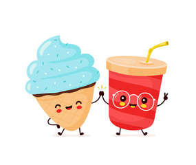 Cute happy smiling ice cream cone and soda cup