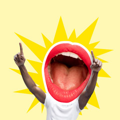 Calling for chill. Pointing male body headed by big lips on yellow background. Copyspace. Modern design. Contemporary artwork, collage. Concept of summertime, vacation, resort, mood, beach season.