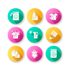 Laundry types flat design long shadow glyph icons set. Coin wash service, washing machine, steam and eco dry cleaning. Laundry detergents and fabric care agents. Silhouette RGB color illustrations