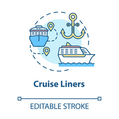 Cruise liners concept icon. Marine tourism with passenger ship. Luxury trip with water vessel. Boat voyage idea thin line illustration. Vector isolated outline RGB color drawing. Editable stroke