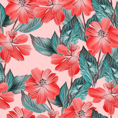 Springflowers with leaves, seamless pattern.
