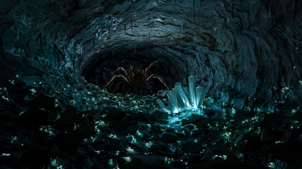 A giant spider inside a deep dark cave, full of glowing mushroom and crystal. Scary mysterious concept. © LAYHONG