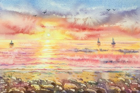 Watercolor sunset over the sea and beautiful cloudscape. Colorful sea beach sunrise. Red, pink, orange, purple, blue background. Horizontal view, copy-space. Template for designs, card, posters.