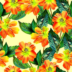 Springflowers with leaves, seamless pattern.