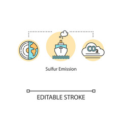 Sulfur emission concept icon. Smoke from ship pipes. Global impact from fuel combustion. Air pollution with CO2 idea thin line illustration. Vector isolated outline RGB color drawing. Editable stroke