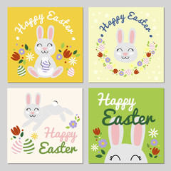Happy Easter Cards Vector Set to Celebrate Easter. 4 cards with bunny rabbit smiling with flowers. Flat illustration with spring colorful mood.
