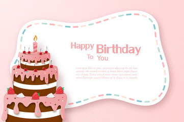 Chocolate Strawberry cake on birthday greeting card with text area , Paper cut style