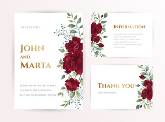 wedding invitation card with red roses, watercolor, leaves and golden geometric frame. Floral Trendy templates for banner, flyer, poster, greeting. Vector illustration. eps10