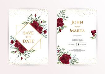 wedding invitation card with red roses, watercolor, leaves and golden geometric frame. Floral Trendy templates for banner, flyer, poster, greeting. Vector illustration. eps10
