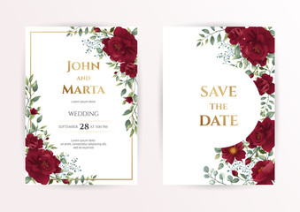 wedding invitation card with red roses, watercolor, leaves and golden geometric frame. Floral Trendy templates for banner, flyer, poster, greeting. Vector illustration. eps10