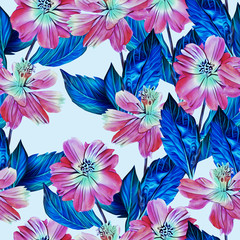 Springflowers with leaves, seamless pattern.