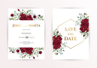 wedding invitation card with red roses, watercolor, leaves and golden geometric frame. Floral Trendy templates for banner, flyer, poster, greeting. Vector illustration. eps10