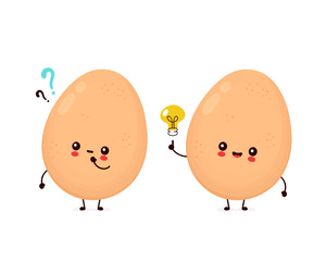 Cute happy chicken egg with question and lightbulb