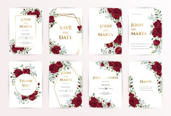 wedding invitation card with red roses, watercolor, leaves and golden geometric frame. Floral Trendy templates for banner, flyer, poster, greeting. Vector illustration. eps10 - obrazy, fototapety, plakaty