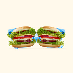 Hungry look. Two burgers like glasses in eyewear on yellow background. Copyspace for your ad. Modern design. Contemporary artwork, collage. Concept of summertime, vacation, resort, mood, beach season.
