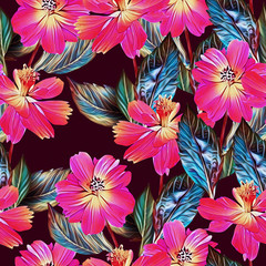 Springflowers with leaves, seamless pattern.