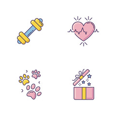 Lifestyle RGB color icons set. Gym workout. Dumbbell for exercise. Heart rate. Cardio healthcare. Pet paw prints. Open gift. Birthday present for social media highlights. Isolated vector illustrations