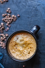  coffee drink and coffee grain, hot chocolate. top view. copy space for text