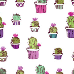Modern seamless pattern with hand drawn cactuses for textile, fabric manufacturing, wallpaper, covers, surface, gift wrap, scrapbooking. Vector.