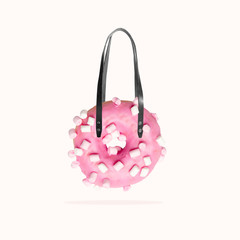 Sweets. Pink donut like shopper bag on light yellow background. Copyspace for your ad. Modern design. Contemporary artwork, collage. Concept of summertime, vacation, resort, mood, beach season.