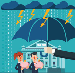 Naklejka premium Hand with umbrella protecting business people. Businessman and business woman under thunderstorm. Business and finance protection vector concept