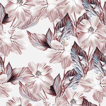Springflowers with leaves, seamless pattern.