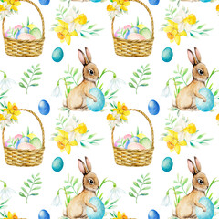 Watercolor Seamless Pattern. Easter Rabbit and Basket with Flowers and Eggs.  Hand Drawn Illustration For Gift Wrapping, Textile, Print for any  Printing Products