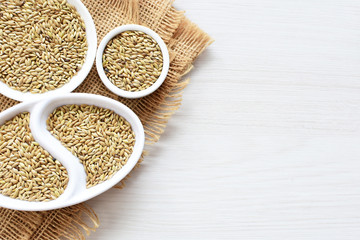 birdseed seeds, food for birds, displayed in containers on cloth bottom
