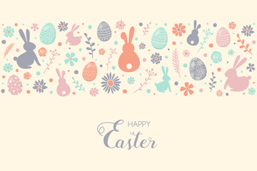 Colourful eggs, bunnies and flowers on background with Happy Easter wishes. Vector
