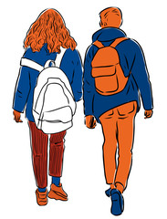 Vector drawing of couple teenagers walking along street