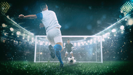 Soccer scene at night match with player in a white and blue uniform kicking the penalty kick - obrazy, fototapety, plakaty