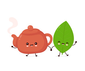 Cute happy smiling teapot and tea leaf