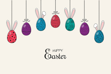 Hanging hand drawn Easter eggs with bunny ears and greetings. Vector