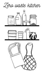 Zero waste kitchen objects set. hand drawn outline vector sketch illustration