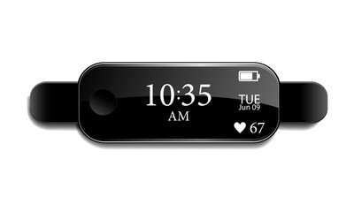 Black fitness bracelet or smartwatch, time, date and pulse on the bracelet screen with a glare on an isolated background, realistic vector illustration