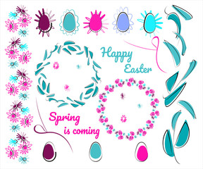 Fototapeta na wymiar Set of decorative elements for Happy Easter. Wreaths of flowers and leaves, bouquets, ribbons, painted eggs, text. Vector illustration for design of spring holiday cards.