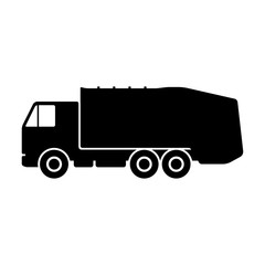 Garbage truck icon. Side view. Black silhouette. Vector graphic illustration. Isolated object on a white background. Isolate.