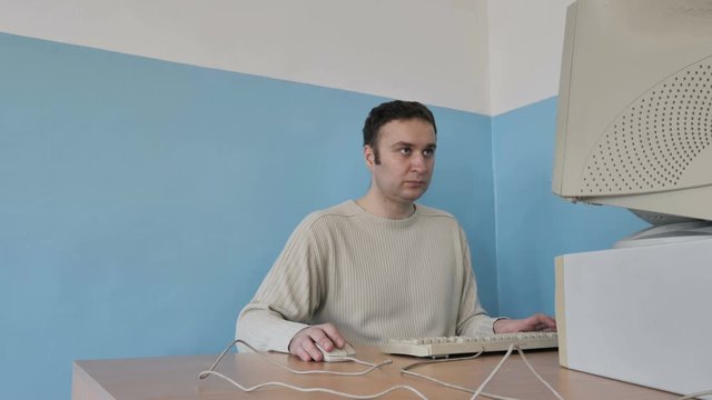 Man Works With Old Retro Pc, Software Development  