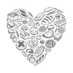 Bakery in the shape of a heart. Different bread. Hand drawn vector illustration. Can be used for cafe, bakehouse, farmers market, shop, bar, restaurant, poster, label, sticker, logo, badges.