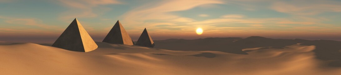 Desert panorama with pyramids at sunset, 3D rendering