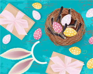 Easter banner with gift box, Easter Eggs, nest, bunny ears on abstract background, spring