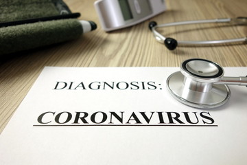 Text diagnosis: coronavirus on medical document with accessories