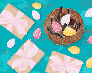 Easter banner with gift box, Easter Eggs, nest, feathers on abstract background, spring