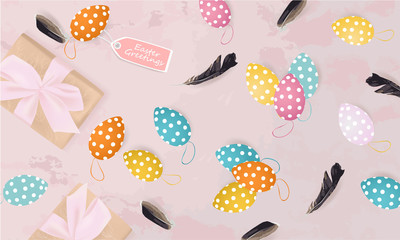 Easter Greetings banner with gift box, Easter Eggs, feathers on abstract background, spring